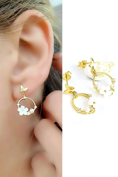 El İsi Sedef Taşlı 925Ayar Gümüş Üzerine Altın Kaplama Tasarım Manolya Küpe ürün görseli