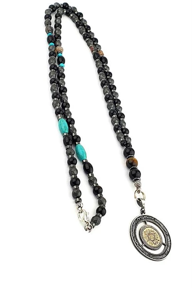 925Ayar Gümüş Süleyman Mührü  Kaplan Gözü  Oniks Hematit Akik Turkuaz Taşlı Tasarım Doğal Taş Erkek Kolye ürün görseli