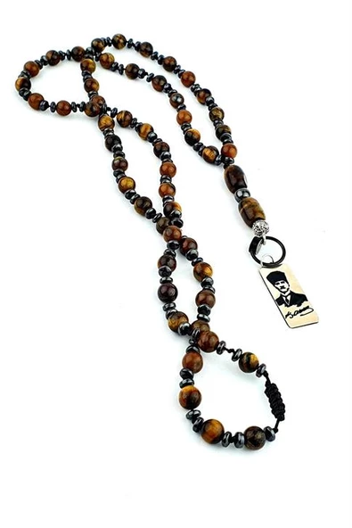 Kaplan Gözü Hematit Taşlı 925Ayar Gümüş Kemal Atatürk Ve İmzası Tasarım Doğal Taş Kolye ürün görseli