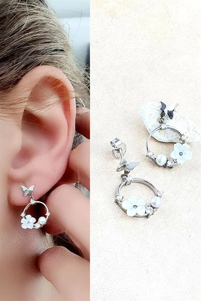 El İsi Sedef Taşlı 925Ayar Gümüş  Tasarım Manolya Küpe ürün görseli