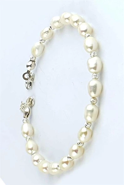 Doğal Barok İncili 925Ayar Gümüş Dorika Detaylı  Tasarım El İşi İnci Bileklik ürün görseli