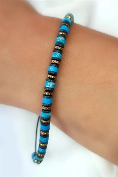 Turkuaz  Ve Hematit Taşlı El İşi Tasarım Doğal Taş Bileklik ürün görseli