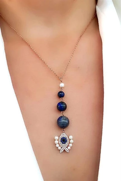 Kum İnci Detaylı Lapis Lazuli Taşlı 925Ayar Gümüş Üzerine Rose Altın Kaplama Ayarlanabilir Asansörlü Trend Balık Kolye ürün görseli