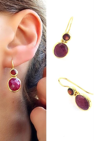 Granat Ve Kök Yakut Taşlı 925 Ayar Gümüş Üzerine Altın Kaplama Tasarım Doğal Taş Küpe