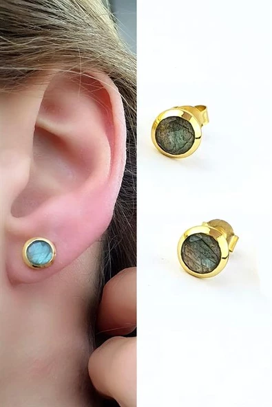 Labrodorit Taşlı 925Ayar Gümüş Üzerine Altın Kaplama Tasarım Doğal Taş Minimal Küpe ürün görseli