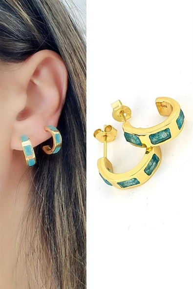 İşlenmemiş Aquamarin Taşlı 925Ayar Gümüş Üzerine Altın Kaplama Tasarım Doğal Taş Yarım Halka Küpe ürün görseli