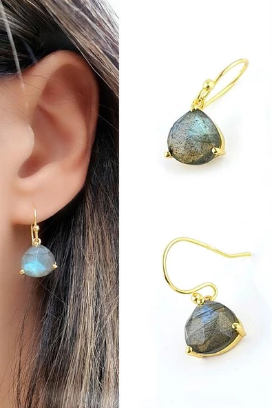 Labrodorite Taşlı 925Ayar Gümüş Üzerine Altın Kaplama Tasarım Doğal Taş Küpe ürün görseli