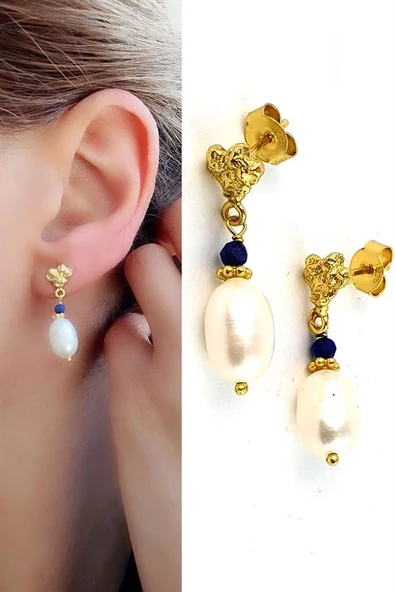 Lapis Ve İncili 925Ayar Gümüş Üzerine Altın Kaplama Tasarım Küpe ürün görseli