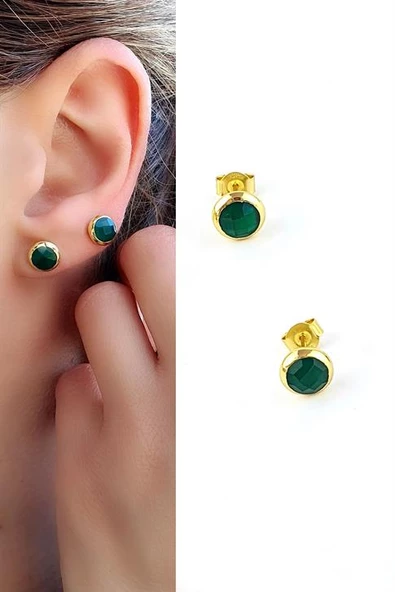 Kök Zümrüt Taşlı 925Ayar Gümüş Üzerine Altın Kaplama Tasarım Doğal Taş Minimal Küpe ürün görseli