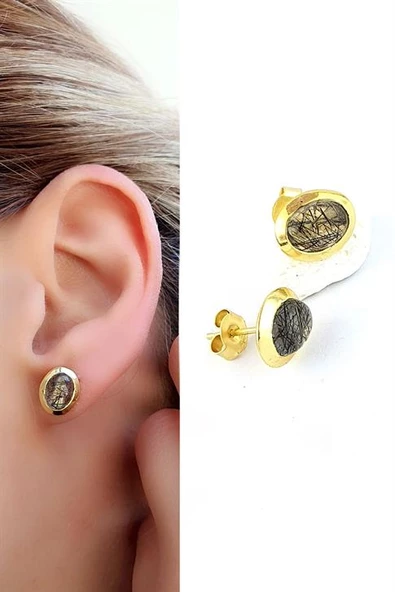 Rutil Kuvars  Taşlı 925Ayar Gümüş Üzerine Altın Kaplama Tasarım Doğal Taş Minimal Oval Küpe ürün görseli