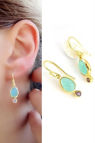 Kalsedon Ve Ametist Taşlı 925Ayar Gümüş Üzerine Altın Kaplama Tasarım Doğal Taş Küpe ürün görseli