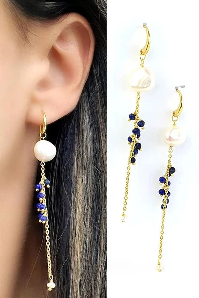 Barok İncili Lapis Lazuli Taşlı 925Ayar Gümüş Üzerine Altın Kaplama Tasarım Doğal Taş Küpe ürün görseli