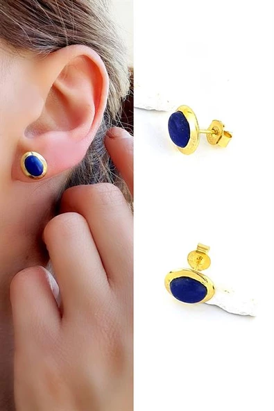 Lapis Lazuli Taşlı 925Ayar Gümüş Üzerine Altın Kaplama Tasarım Doğal Taş Minimal Oval  Küpe ürün görseli