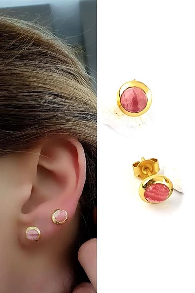 Pembe Turmalin Taşlı 925Ayar Gümüş Üzerine Altın Kaplama Tasarım Doğal Taş Minimal Küpe ürün görseli