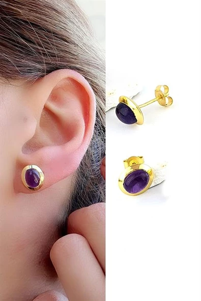 Ametist  Taşlı 925Ayar Gümüş Üzerine Altın Kaplama Tasarım Doğal Taş Minimal Oval  Küpe