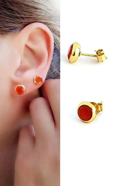 Akik  Taşlı 925Ayar Gümüş Üzerine Altın Kaplama Tasarım Doğal Taş Minimal Küpe ürün görseli