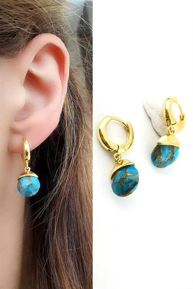 Turkuaz Taşlı 925Ayar Gümüş Üzerine Altın Kaplama Tasarım Doğal Taş Sallantılı Küpe ürün görseli