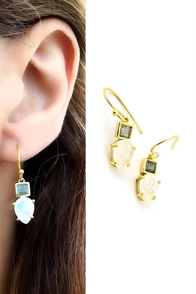 Labrodorite Ve Ay Taşlı 925Ayar Gümüş Üzerine Altın Kaplama Tasarım Doğal Taş Küpe ürün görseli