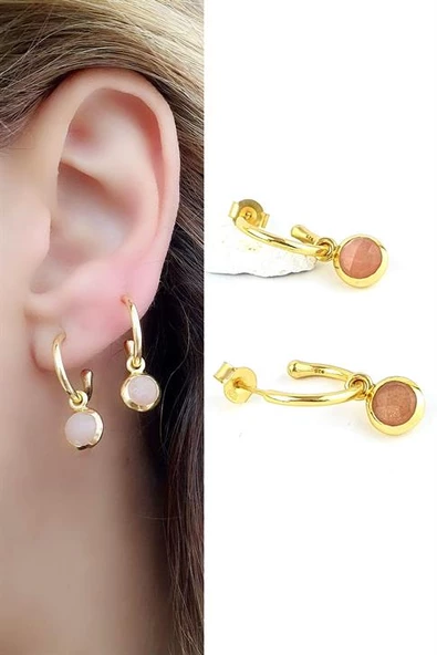 Pembe Turmalin Taşlı 925Ayar Gümüş Üzerine Altın Kaplama Sallantılı Yarım Halka Küpe