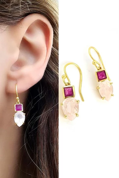 Pembe Turmalin Ve Pembe Kuvars  Taşlı 925Ayar Gümüş Üzerine Altın Kaplama Tasarım Doğal Taş Küpe ürün görseli