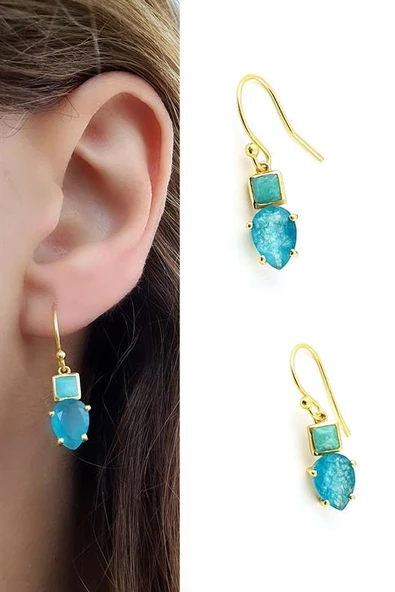 Larimar Ve Mavi Kuvars Taşlı 925Ayar Gümüş Üzerine Altın Kaplama Tasarım Doğal Taş Küpe ürün görseli