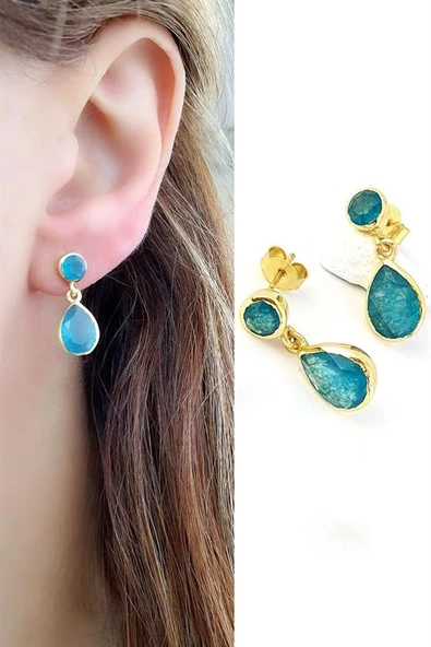 İşlenmemiş Aquamarin Taşlı 925Ayar Gümüş Üzerine Altın Kaplama Tasarım Doğal Taş Damla Küpe ürün görseli