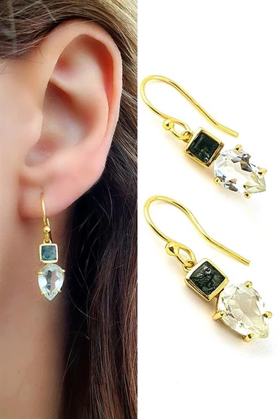 Agat Ve Sitrin Taşlı 925Ayar Gümüş Üzerine Altın Kaplama Tasarım Doğal Taş Küpe ürün görseli