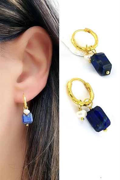 Lapis Lazuli Ve İncili 925Ayar Gümüş Üzerine Altın Kaplama Tasarım Minimal Halka Küpe ürün görseli