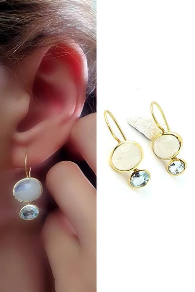 Ay Taşı Ve Aquamarin Taşlı 925Ayar Gümüş Üzerine Altın Kaplama Tasarım Doğal Taş Küpe ürün görseli