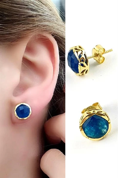 Mavi Kuvars Taşlı 925Ayar Gümüş Üzerine Altın Kaplama Tasarım Doğal Taş Küpe ürün görseli