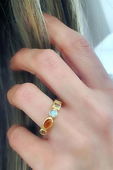 Ametist Sitrin Labrodorite Sitrin Dumanlı Kuvars Taşlı 925Ayar Gümüş Üzerine Altın Kaplama Tasarım Doğal Taş Yüzük ürün görseli