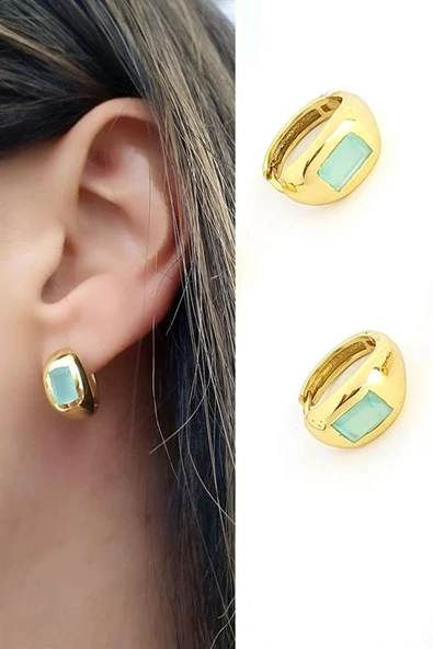 Kalsedon Taşlı 925Ayar Gümüş Üzerine Altın Kaplama Tasarım Doğal Taş Halka Küpe ürün görseli