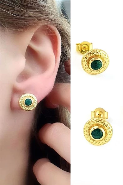 Ķök Zümrüt Taşlı 925Ayar Gümüş Üzerine Altın Kaplama Tasarım Doğal Taş Küpe ürün görseli