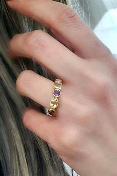 Pembe Kuvars Ametist Sitrin Granat Taşlı 925Ayar Gümüş Üzerine Altın Kaplama Tasarım Doğal Taş Yüzük ürün görseli