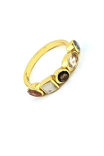 Turmalin Ay Taşı Dumanlı Kuvars Pembe Kuvars Ve Labrodorite Taşlı 925Ayar Gümüş Üzerine Altın Kaplama Tasarım Doğal Taş Yüzük ürün görseli