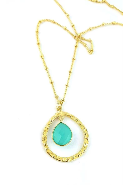 Kalsedon Taşlı 925Ayar Gümüş Üzerine Altın Kaplama Tasarım Doğal Taş Kolye ürün görseli