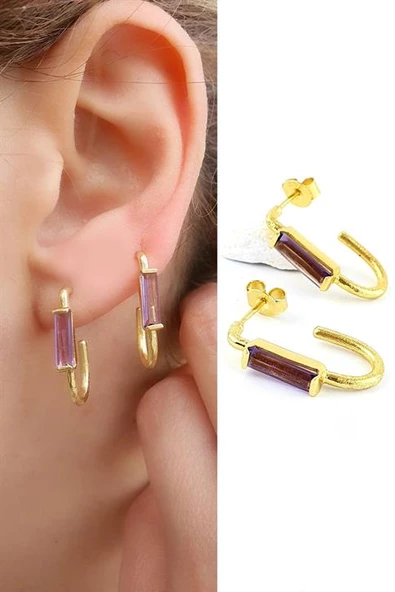 2.2Cm Ametis Taşlı 925Ayar Gümüş Üzerine Altın Kaplama Tasarım Doğal Taş J Halka Küpe ürün görseli