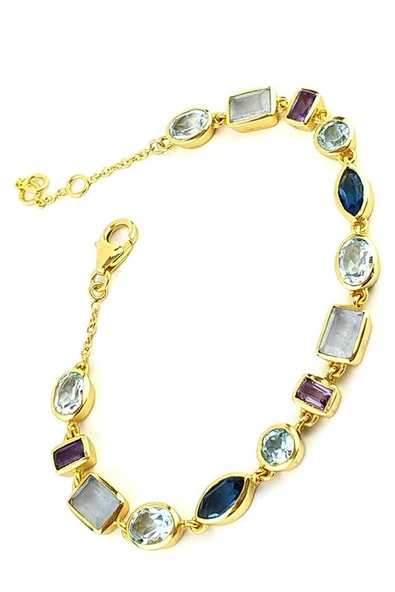 Aquamarin Labrodorite  Ametist Taşlı 925Ayar Gümüş Üzerine Altın Kaplama Tasarım Doğal Taş Bileklik ürün görseli