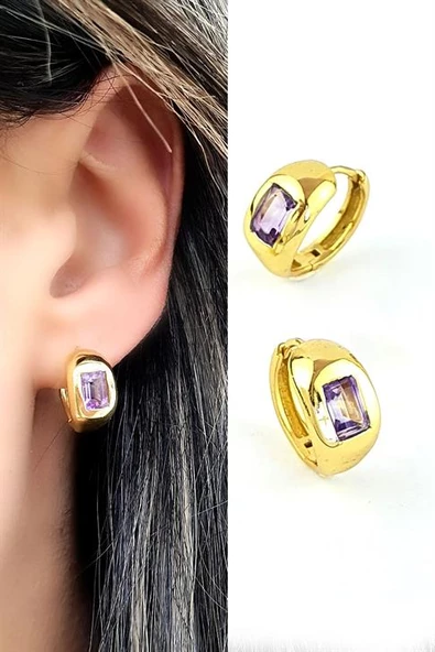 Ametist Taşlı 925Ayar Gümüş Üzerine Altın Kaplama Tasarım Doğal Taş Halka Küpe ürün görseli