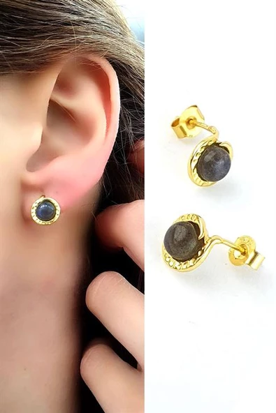 Labrodorite Taşlı 925Ayar Gümüş Üzerine Altın Kaplama Tasarım Doğal Taş Küpe ürün görseli