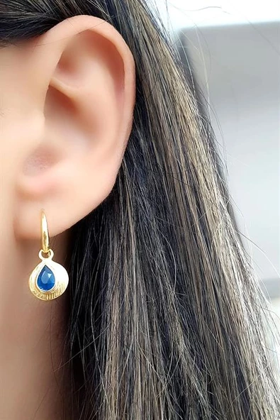 Mavi Kuvars Taşlı 925Ayar Gümüş Üzerine Altın Kaplama Tasarım Doğal Taş Küpe ürün görseli