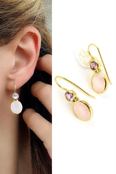 Pembe Kuvars  Ve Ametist Taşlı 925Ayar Gümüş Üzerine Altın Kaplama Tasarım Doğal Taş Küpe ürün görseli