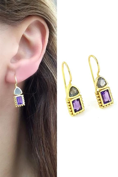 Labrodorite Ametist Taşlı 925Ayar Gümüş Üzerine Altın Kaplama Tasarım Doğal Taş Küpe ürün görseli