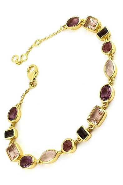 Ametist  Dumanlı Kuvars  Pembe Kuvars Sitrin Taşlı 925Ayar Gümüş Üzerine Altın Kaplama Tasarım Doğal Taş Bileklik ürün görseli