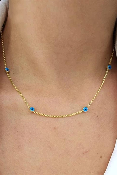 Altın İşçiliği 925 Ayar Gümüş Üzerine Altın Kaplama  Nazar Boncuklu Kolye ürün görseli