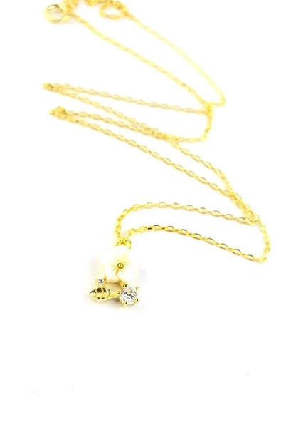 Sedef Taşlı El İşi 925Ayar Gümüş Üzerine Altın Kaplama Manolya Kolye ürün görseli