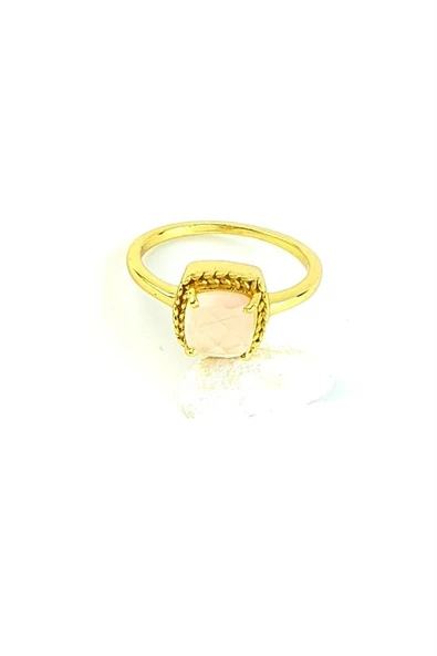 Pembe Kuvars  Taşlı 925Ayar Gümüş Üzerine Altın Kaplama Tasarım Doğal Taş Yüzük ürün görseli