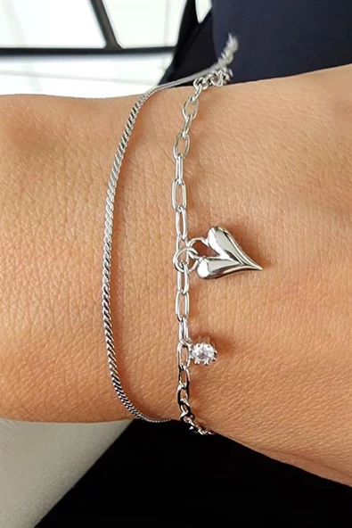 İtalyan Çift Zincirli 925 Ayar Gümüş Kalpli Bileklik ürün görseli