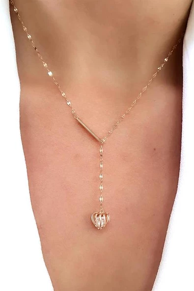 İtalyan 925Ayar Gümüş Üzerine Rose Altın Kaplama Kalp İçinde Swarovski Taşlı Ayarlanabilir Y Kolye ürün görseli