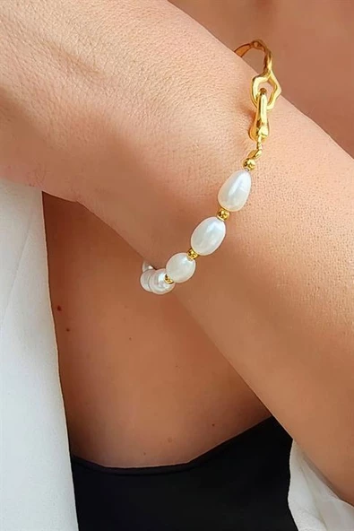 Barok İncili 925 Ayar Gümüş Üzerine Altın Kaplama Tasarım Bileklik ürün görseli